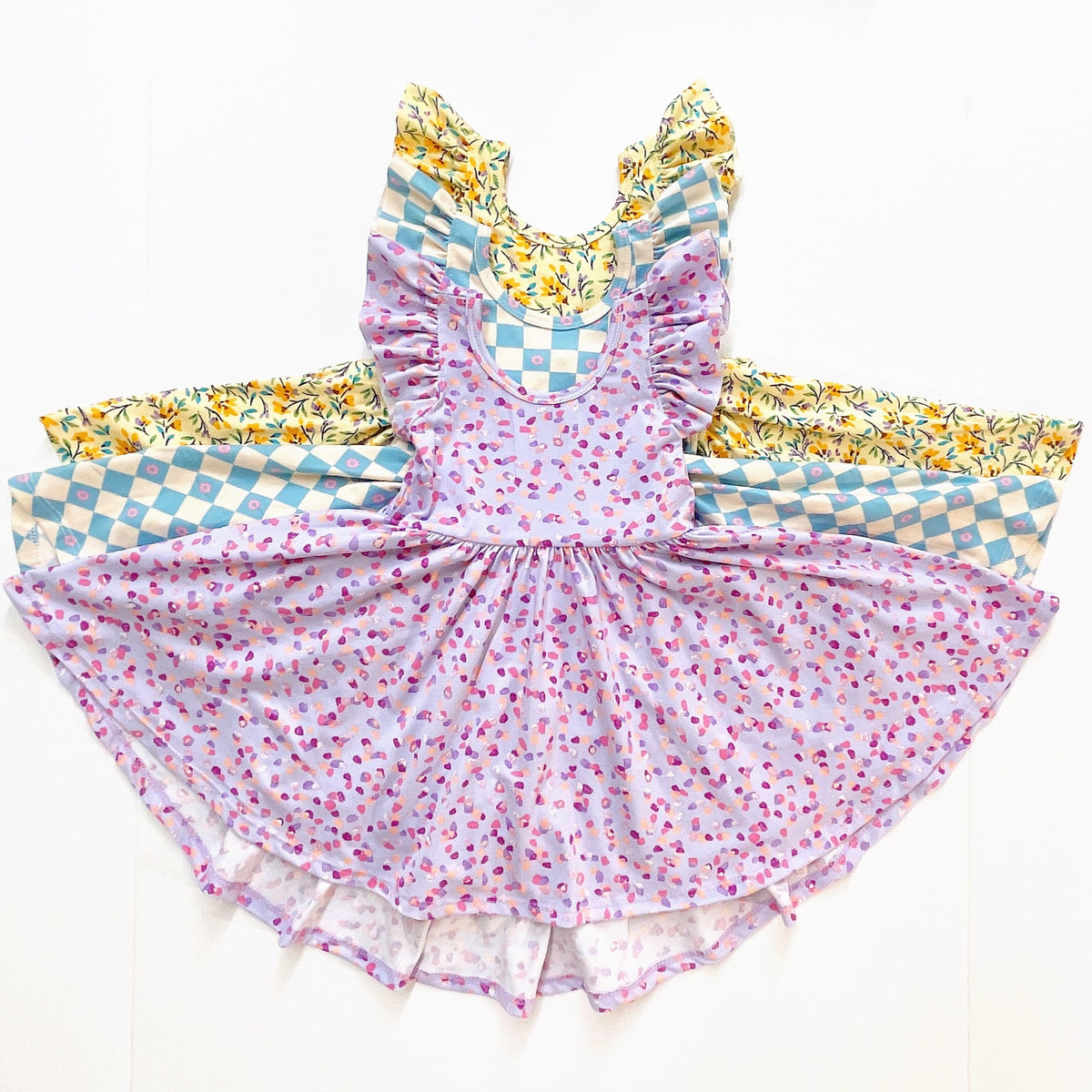 flutter short sleeve twirl dress in yellow floral