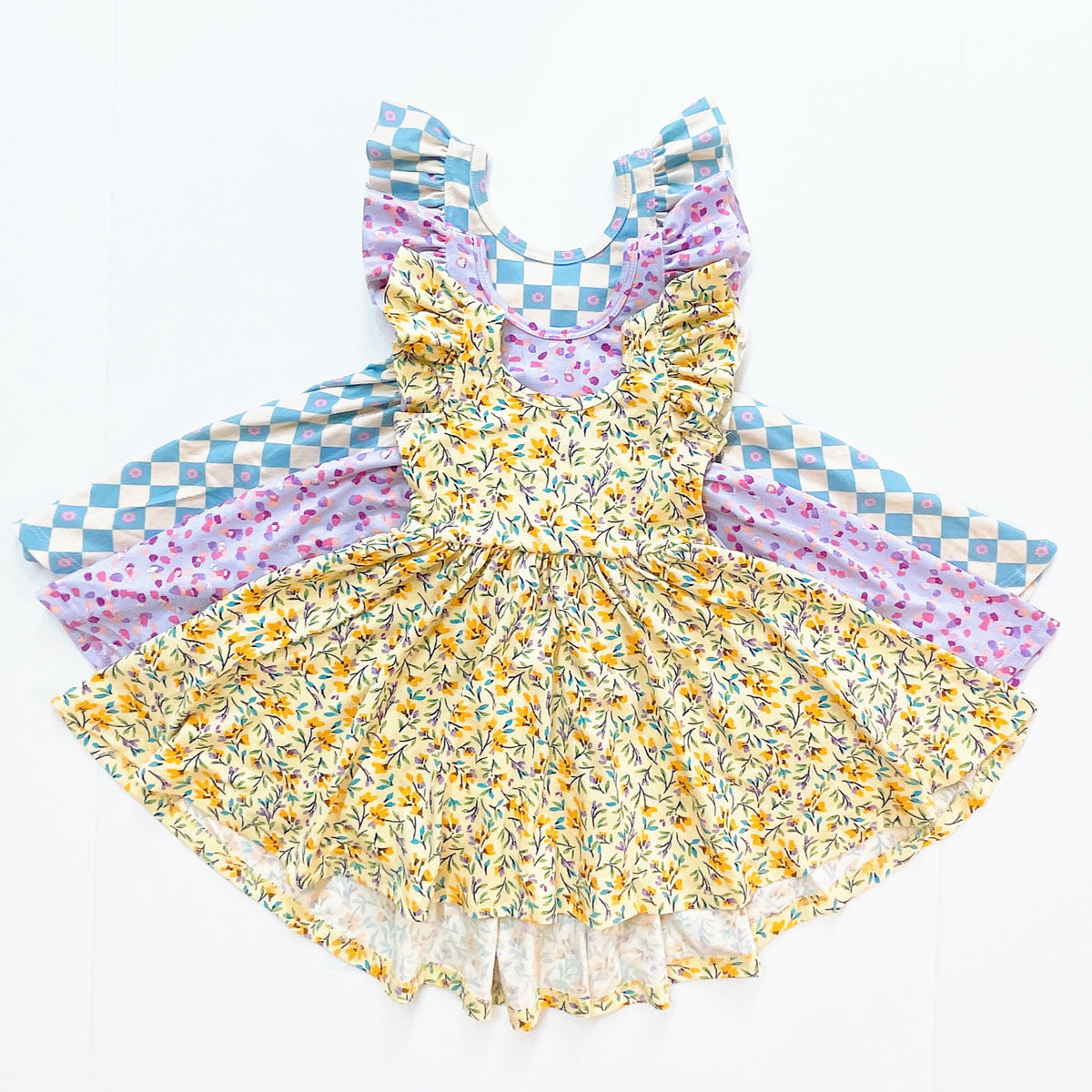 flutter short sleeve twirl dress in blue checkered