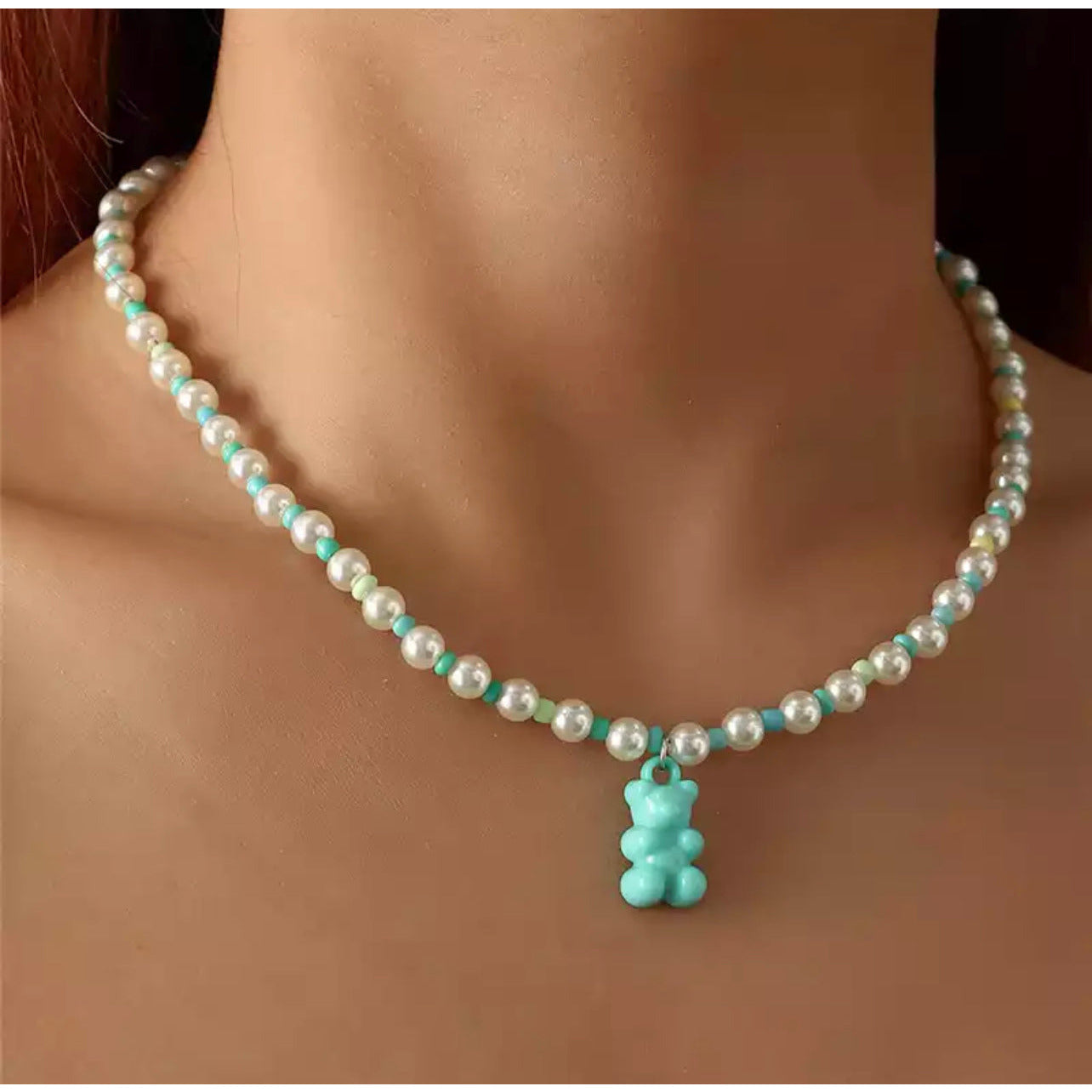 gummy bear beaded pearl necklace in teal