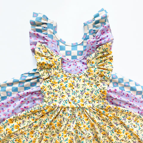 flutter short sleeve twirl dress in blue checkered