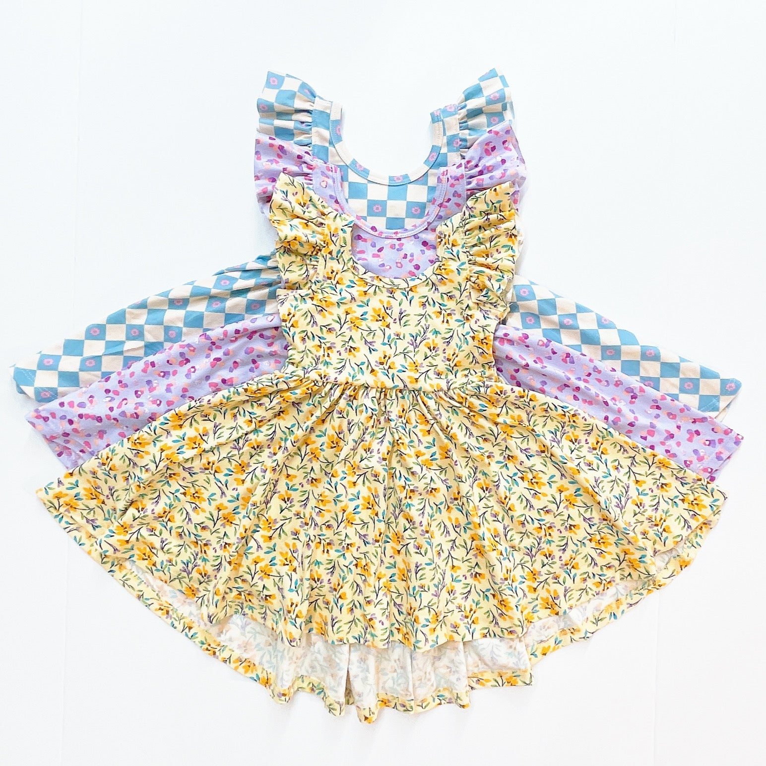 flutter short sleeve twirl dress in purple confetti