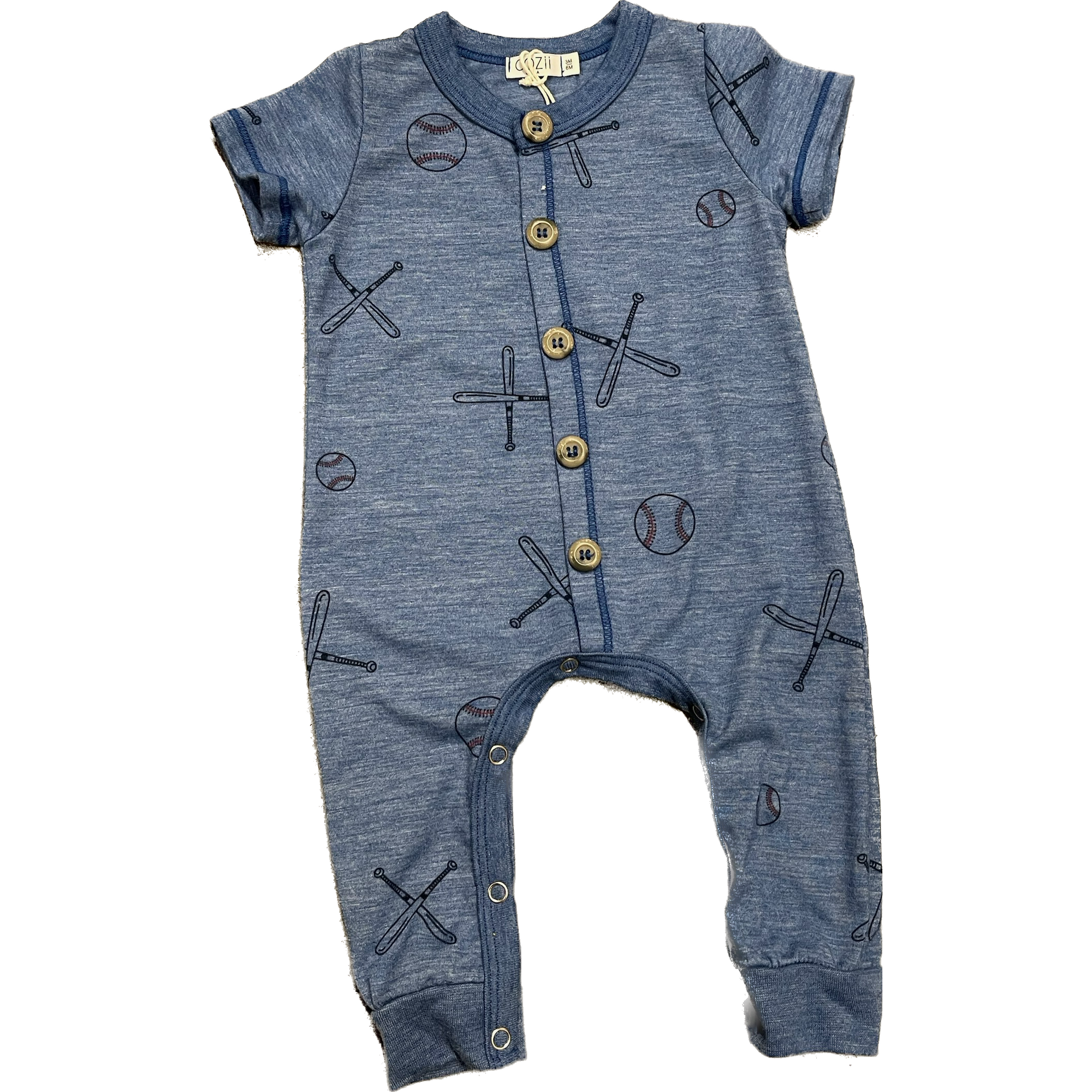 baseball button romper with snaps | blue