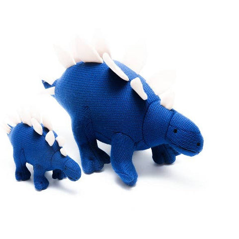 knitted blue stegosaurus baby rattle