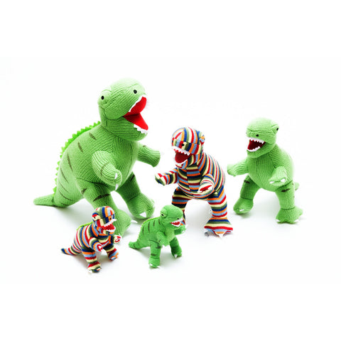 knitted green t rex rattle