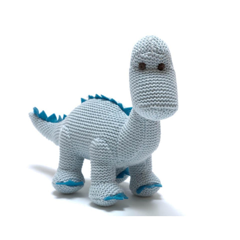 knitted organic cotton blue diplodocus dinosaur baby rattle