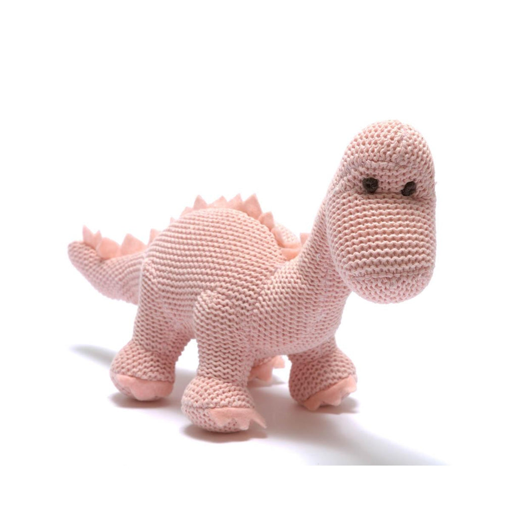 knitted organic cotton pink diplodocus dinosaur baby rattle