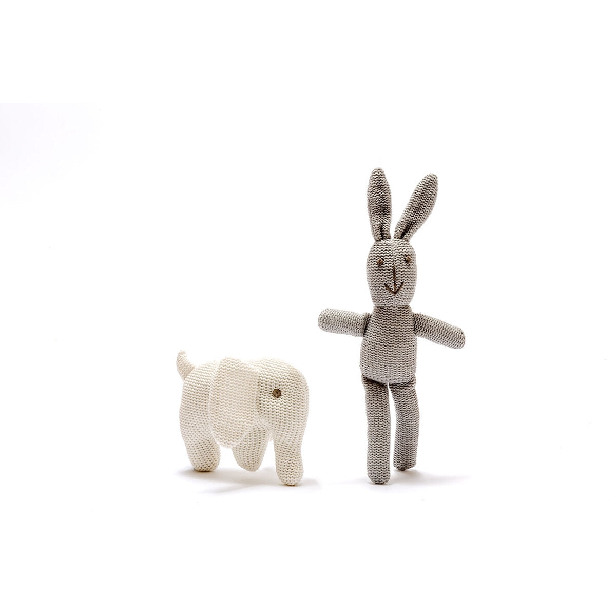 knitted white organic cotton elephant baby rattle