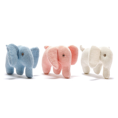 knitted white organic cotton elephant baby rattle