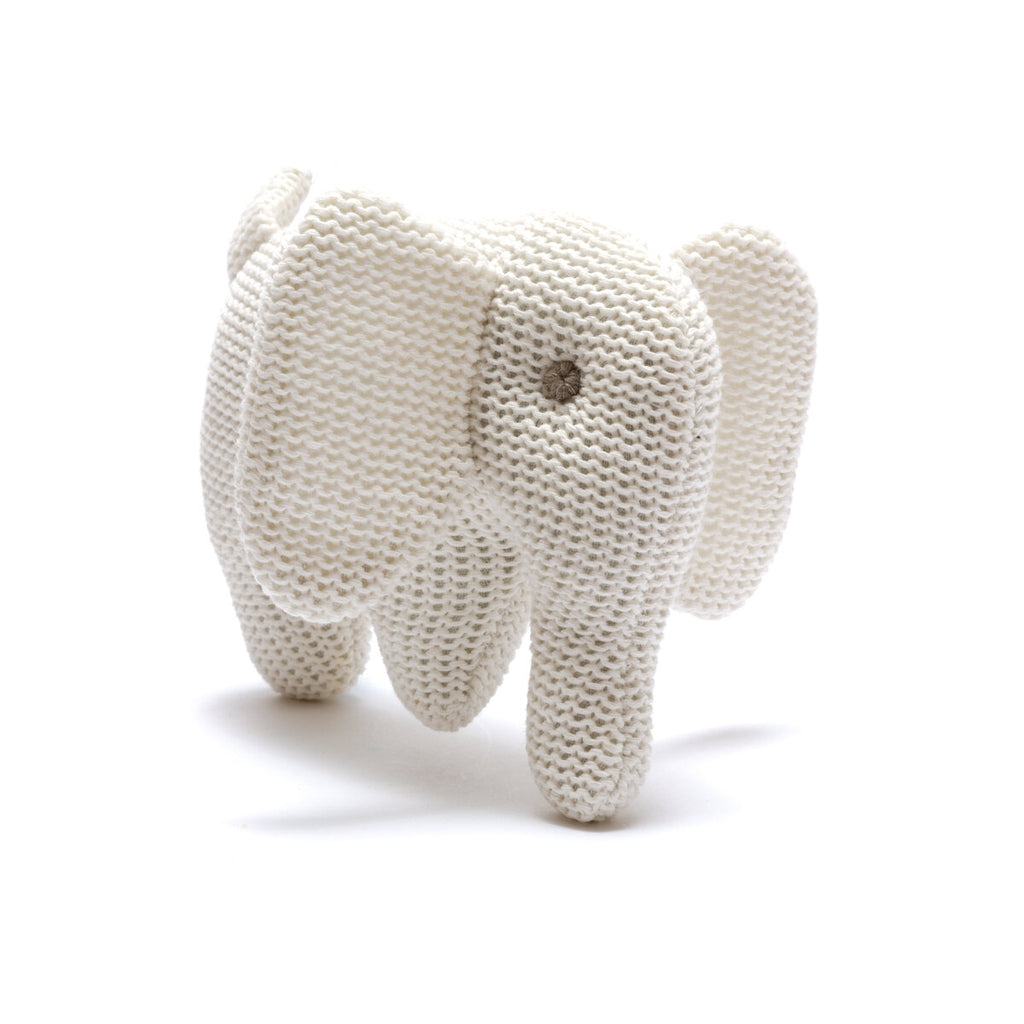 knitted white organic cotton elephant baby rattle