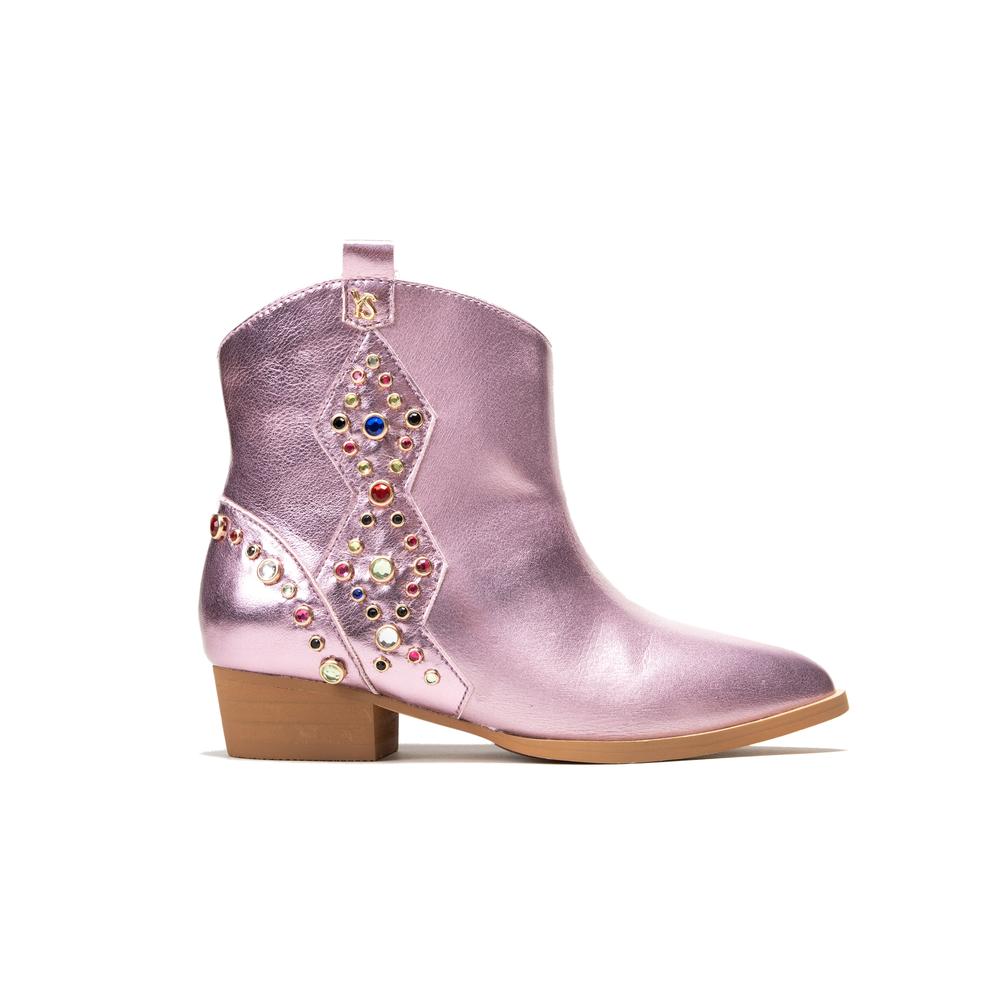 miss dallas black multi gem studded bootie in light pink