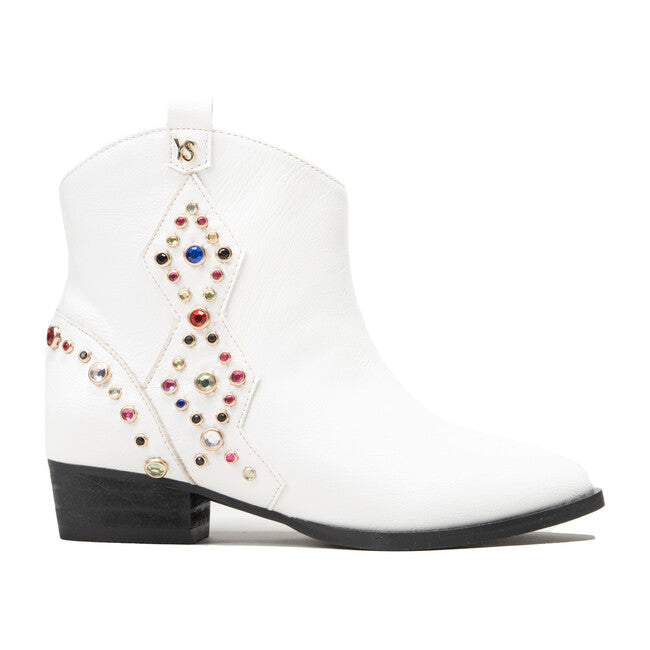 miss dallas black multi gem studded bootie in white