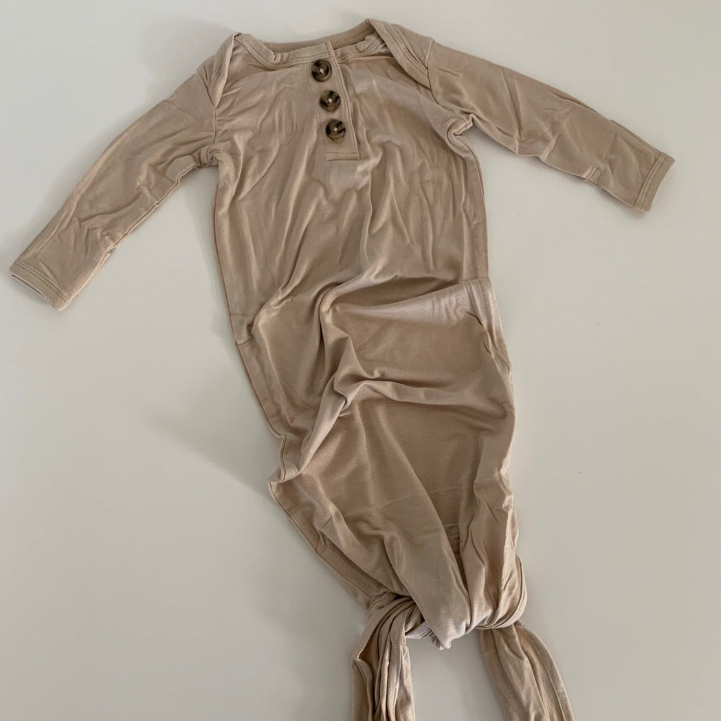 newborn gown in tan