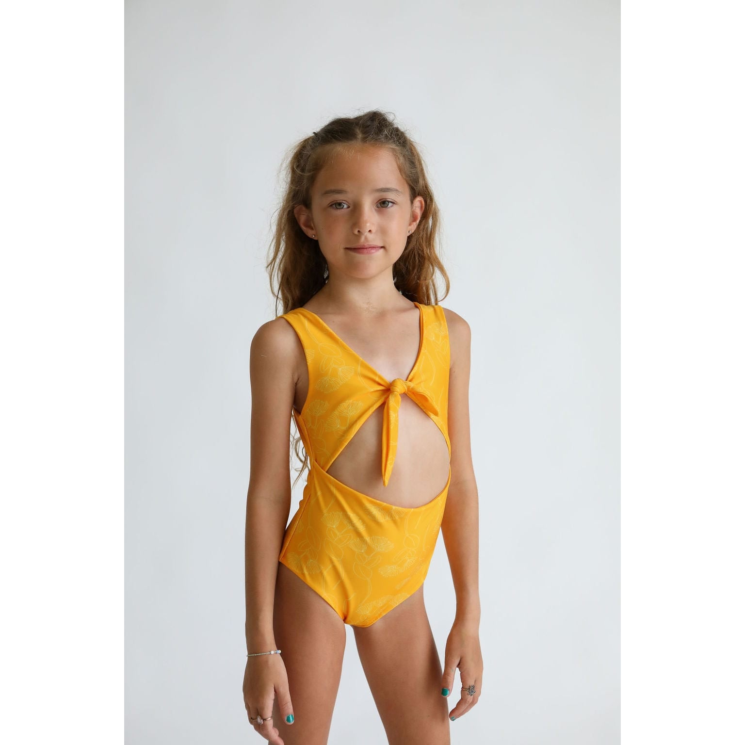 Girl's Cutout One Piece in Yellow Ohia Lehua Print