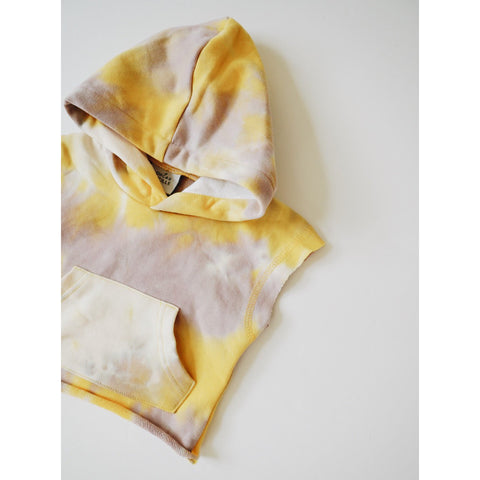 orcas lucille tie dye cut-off hoodie in yellow and lavender