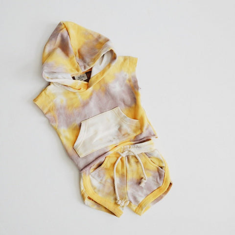 orcas lucille tie dye cut-off hoodie in yellow and lavender