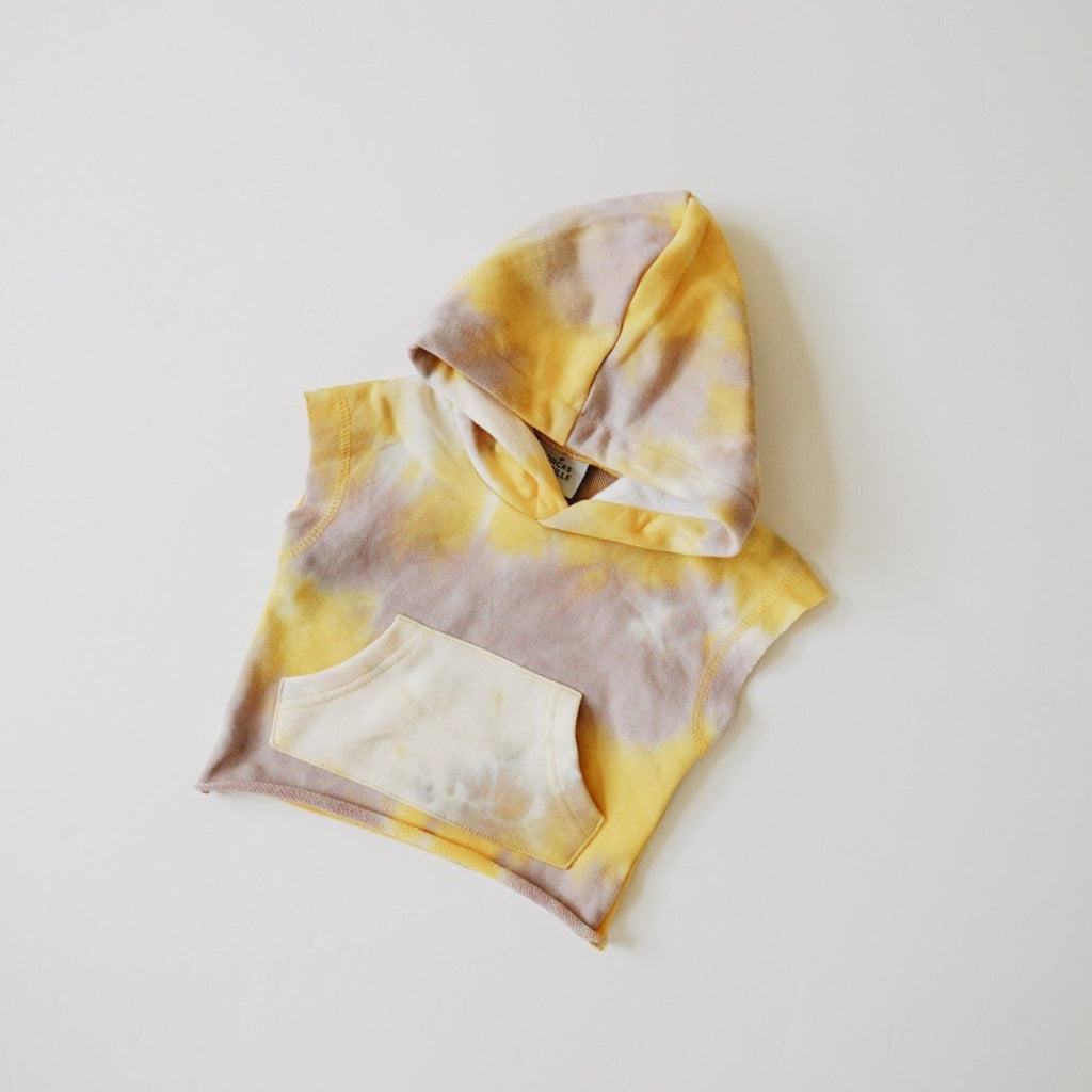 orcas lucille tie dye cut-off hoodie in yellow and lavender