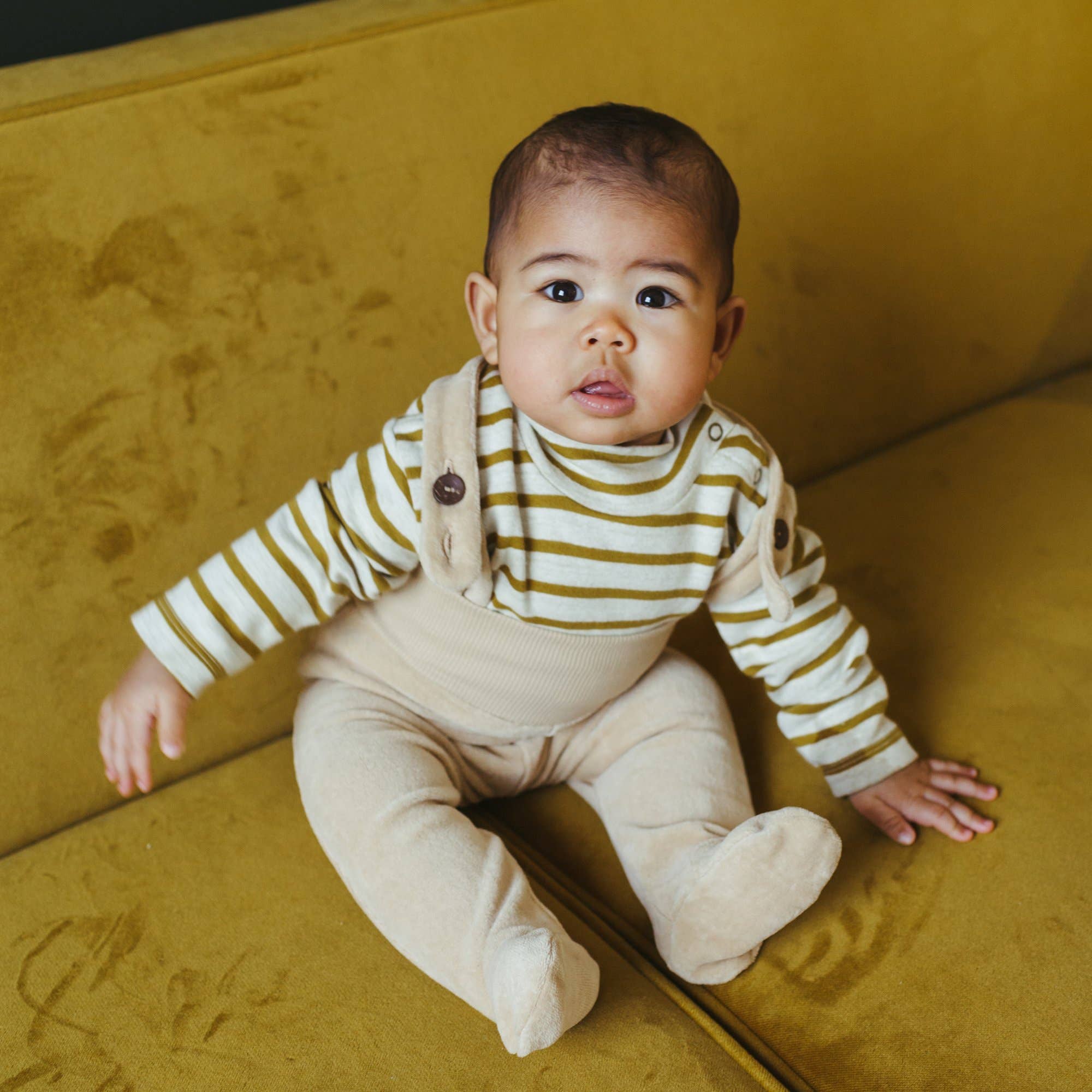 organic mock neck top on bronze stripe