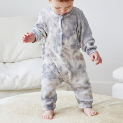 organic tie dye thermal henley romper in grey tie dye