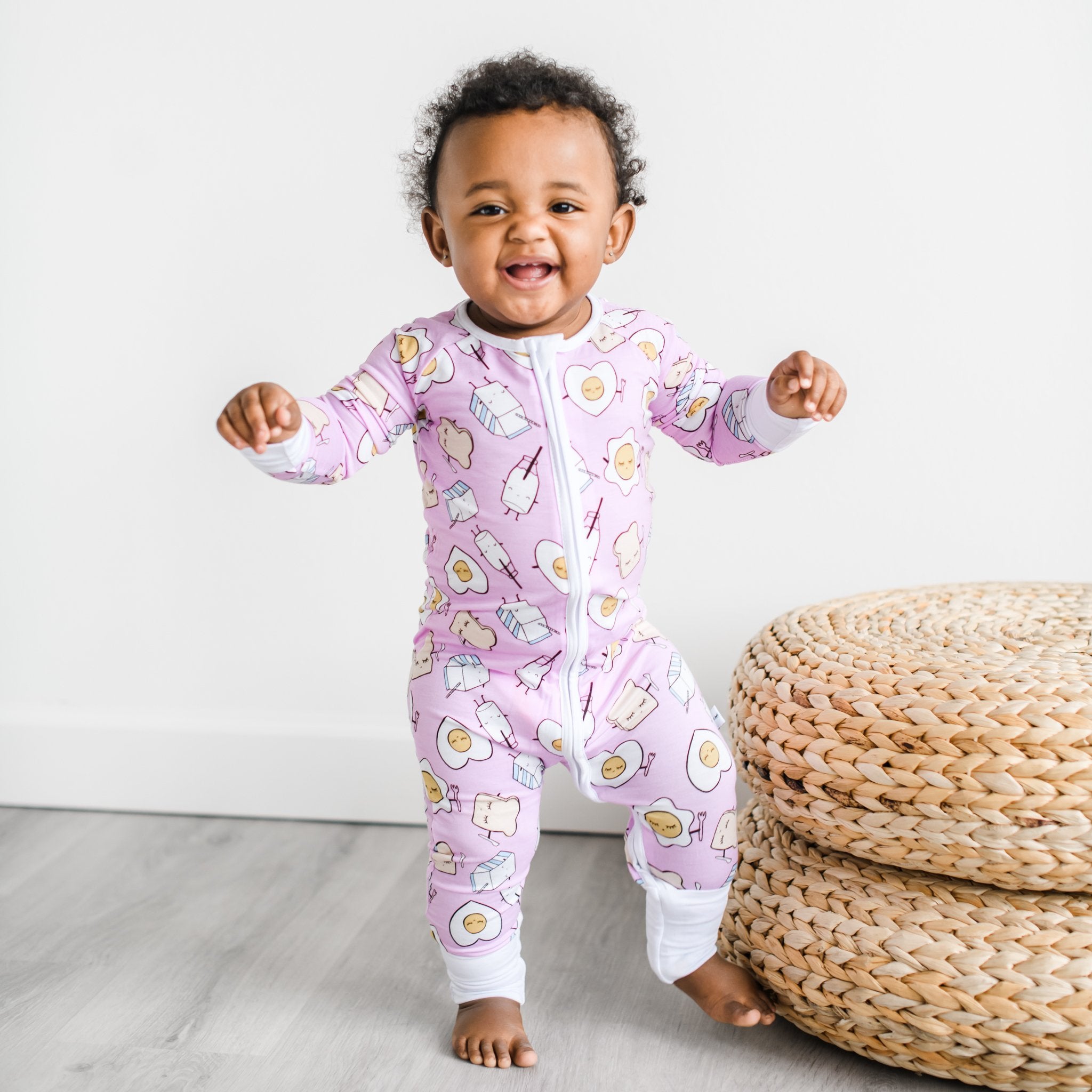 pink breakfast buddies bamboo viscose convertible romper/sleeper