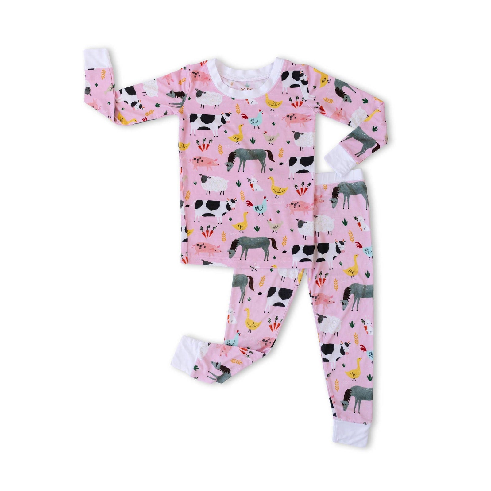 pink farm animals two-piece bamboo viscose pajama set