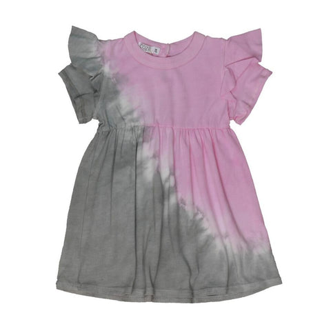 ruffle sleeve dress in grey/pink tie dye