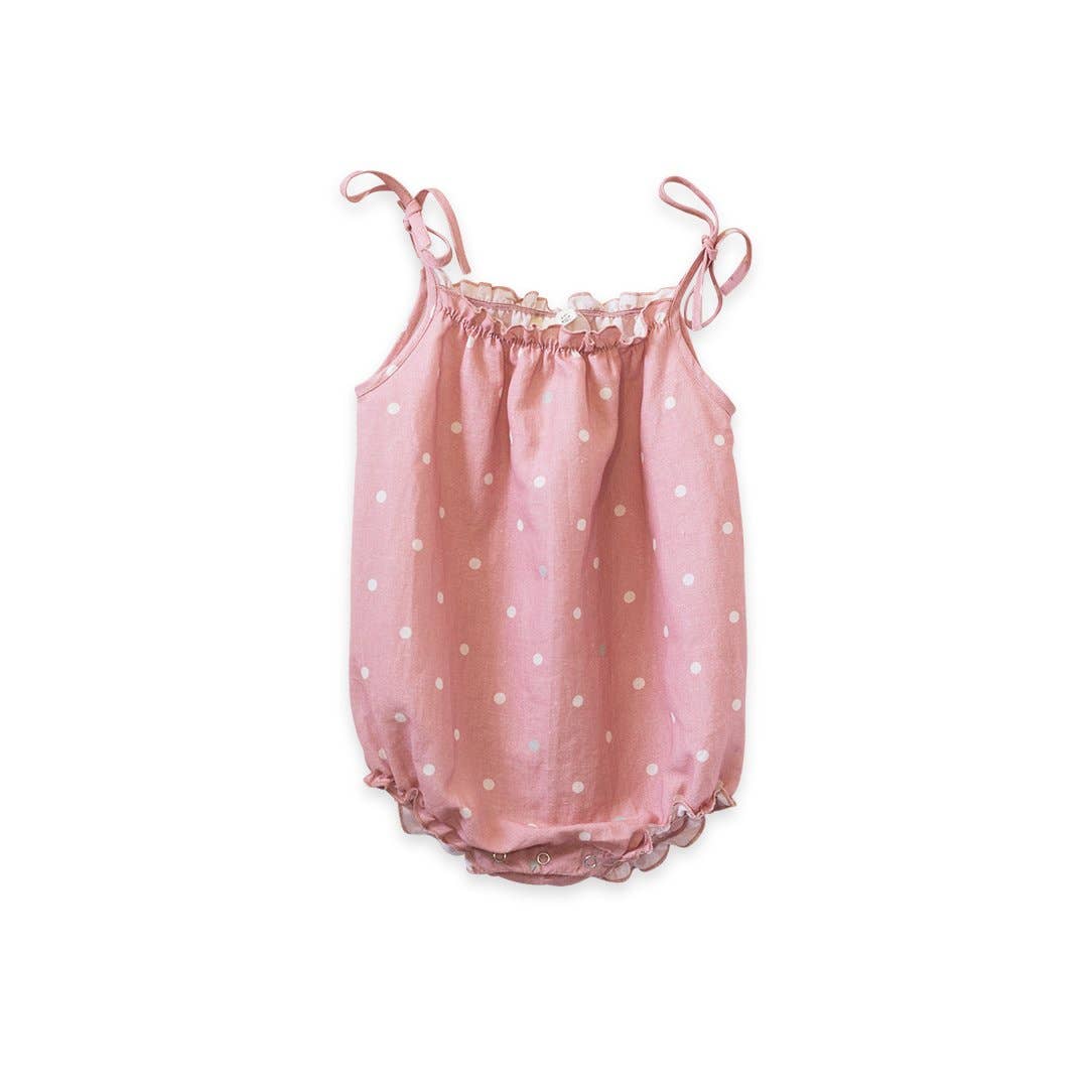 strap romper in pink polka dot