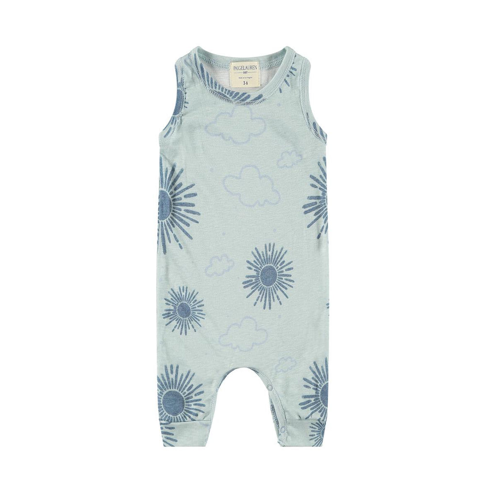 sun print rib slub henley tank romper in blue