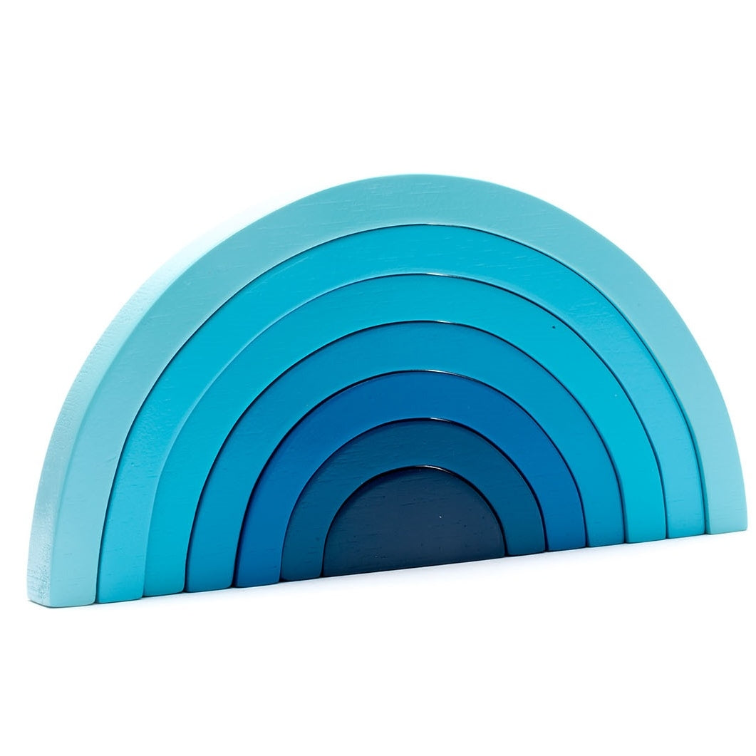 wood rainbow puzzle toy in shades of blue
